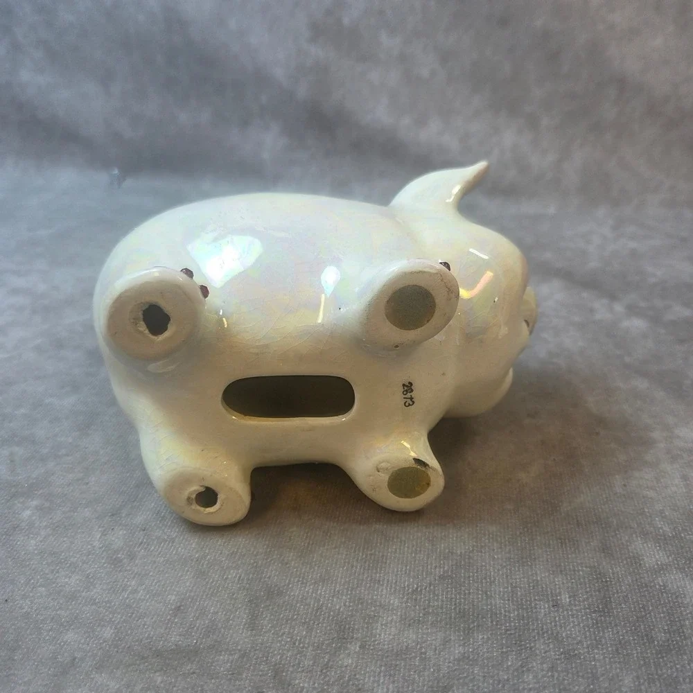 Vintage Iridesct. Ceramic Piggy Bank 3D Flowers Ribbon Lusterware Rhinestone Eye